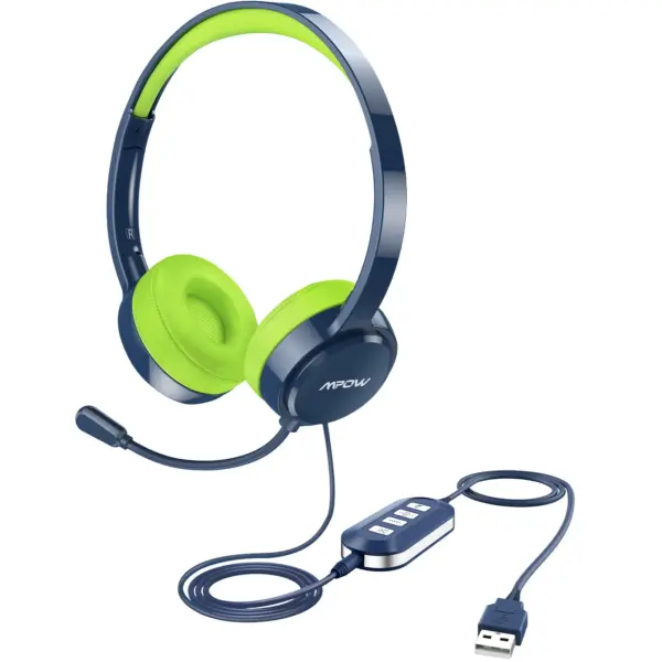 MPOW PA071A USB, 3.5MM Headset with Noise Cancelling Microphone for Work Office Online Class Skype Zoom Meeting (Blue)