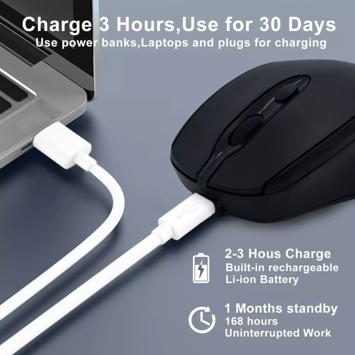 Nengshi M256 Dual Mode Wireless, Bluetooth  Silent Click Mouse - Optical Sensor 1600 DPI Rechargeable USB C (Black)
