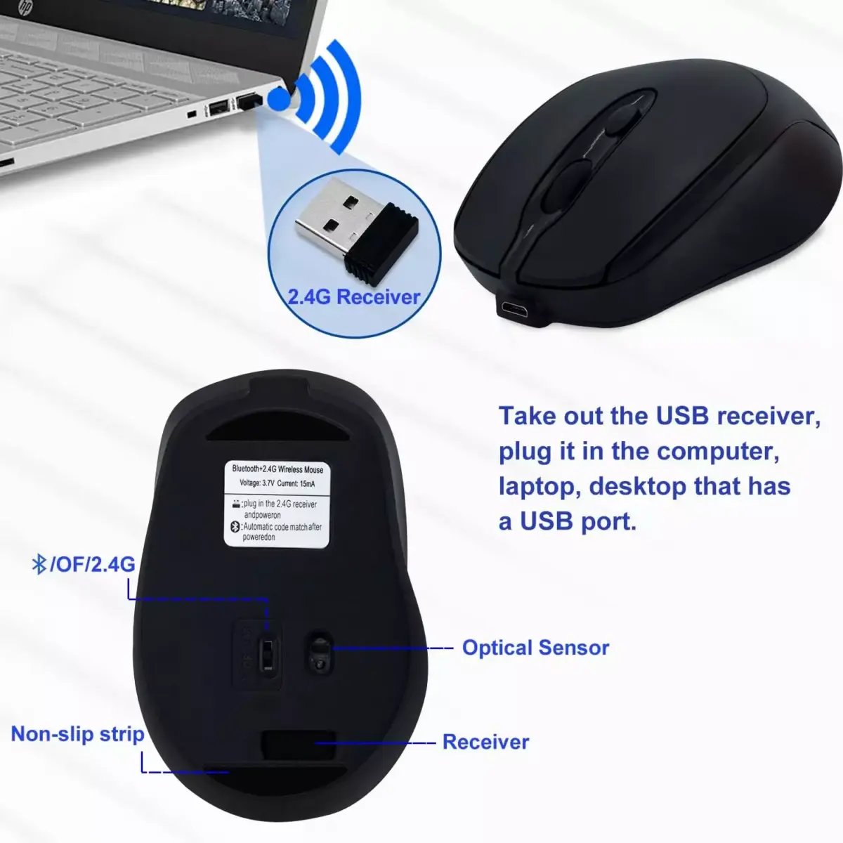 Nengshi M256 Dual Mode Wireless, Bluetooth  Silent Click Mouse - Optical Sensor 1600 DPI Rechargeable USB C (Black)