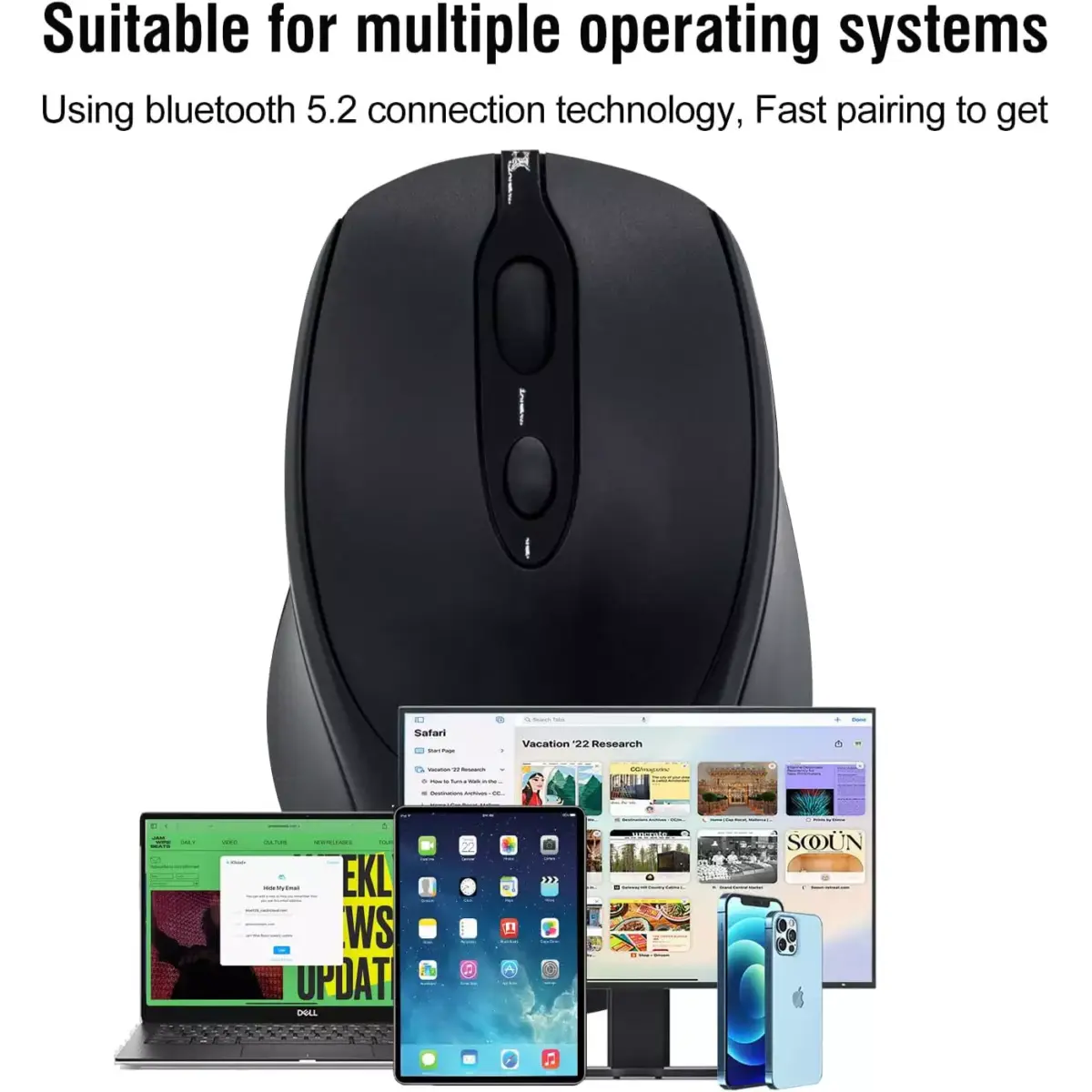 Nengshi M256 Dual Mode Wireless, Bluetooth  Silent Click Mouse - Optical Sensor 1600 DPI Rechargeable USB C (Black)
