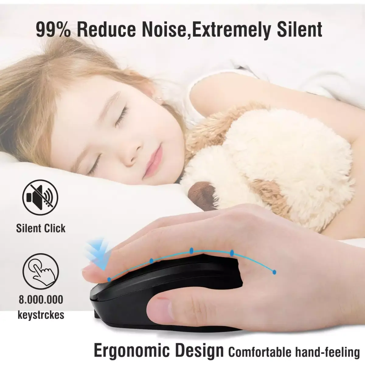 Nengshi M256 Dual Mode Wireless, Bluetooth  Silent Click Mouse - Optical Sensor 1600 DPI Rechargeable USB C (Black)