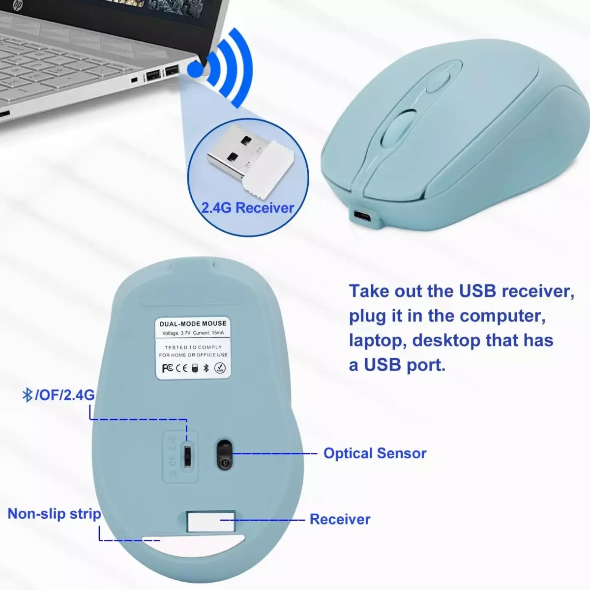 Nengshi M256 Dual Mode Wireless, Bluetooth Silent Click Mouse - Optical Sensor 1600 DPI Rechargeable USB C (Blue)