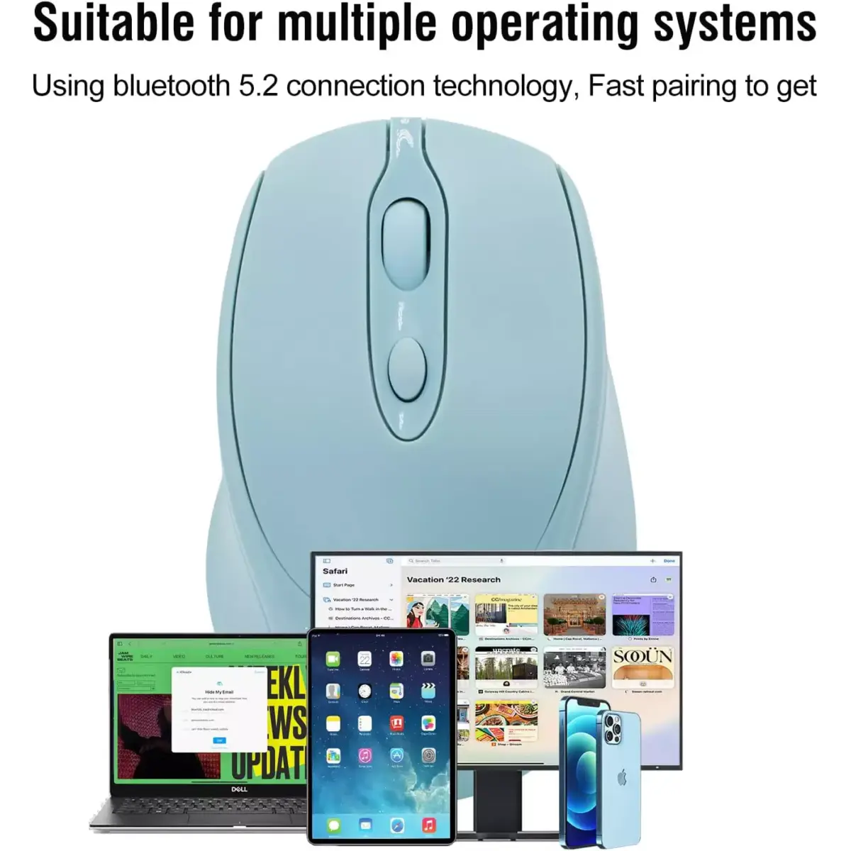 Nengshi M256 Dual Mode Wireless, Bluetooth Silent Click Mouse - Optical Sensor 1600 DPI Rechargeable USB C (Blue)