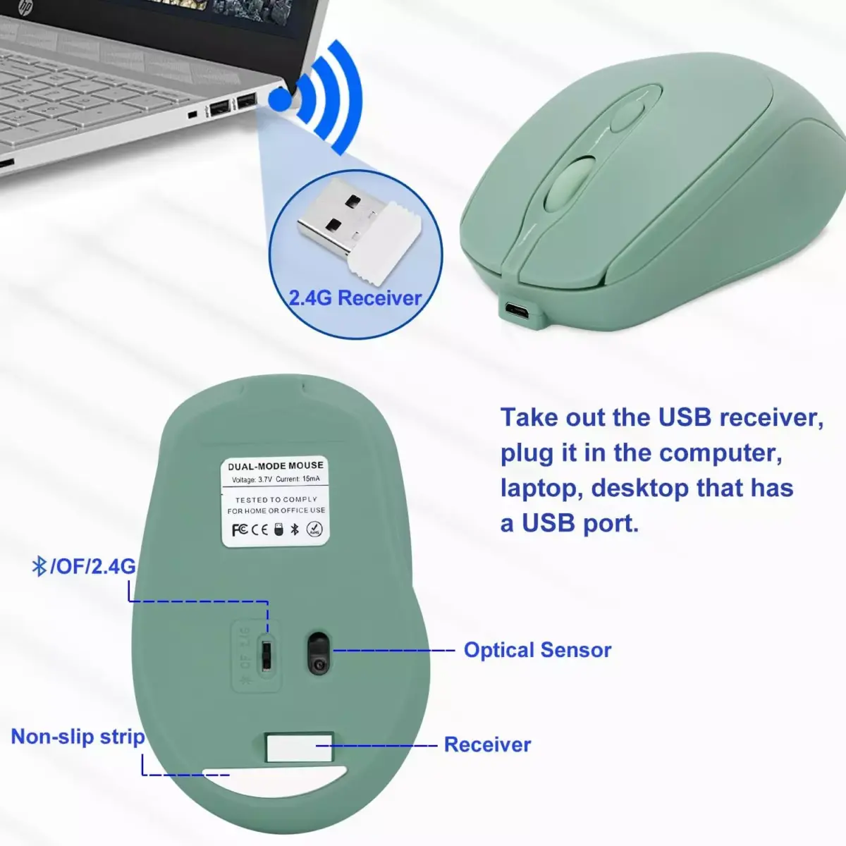 Nengshi M256 Dual Mode Wireless, Bluetooth Silent Click Mouse - Optical Sensor 1600 DPI Rechargeable USB C (Green)