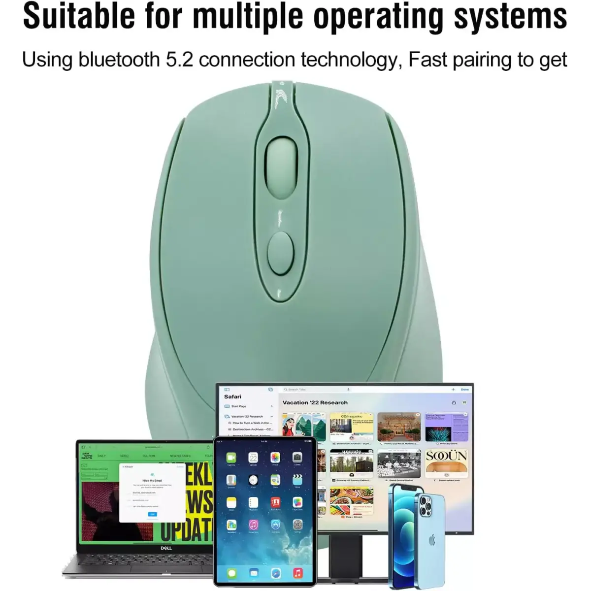 Nengshi M256 Dual Mode Wireless, Bluetooth Silent Click Mouse - Optical Sensor 1600 DPI Rechargeable USB C (Green)