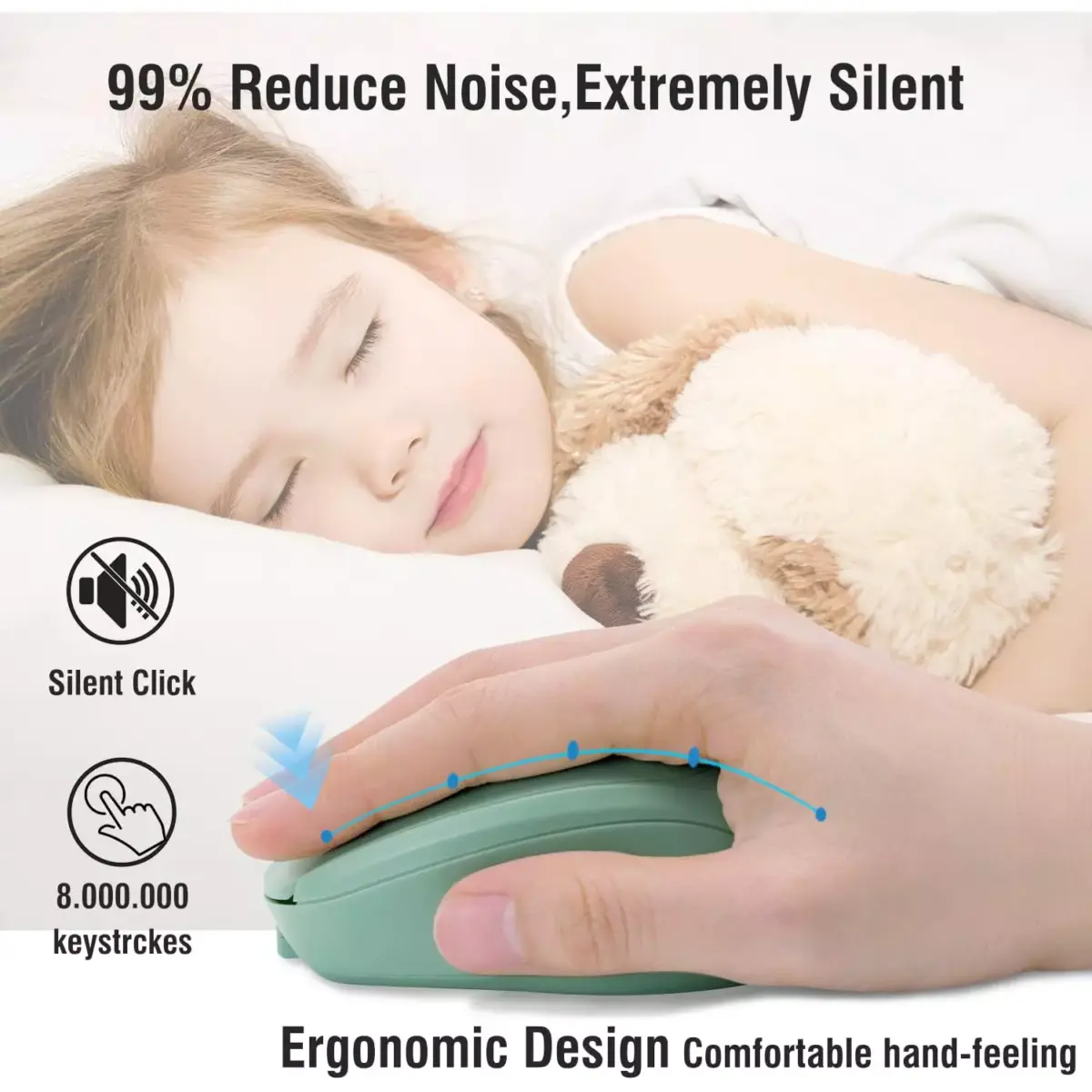 Nengshi M256 Dual Mode Wireless, Bluetooth Silent Click Mouse - Optical Sensor 1600 DPI Rechargeable USB C (Green)
