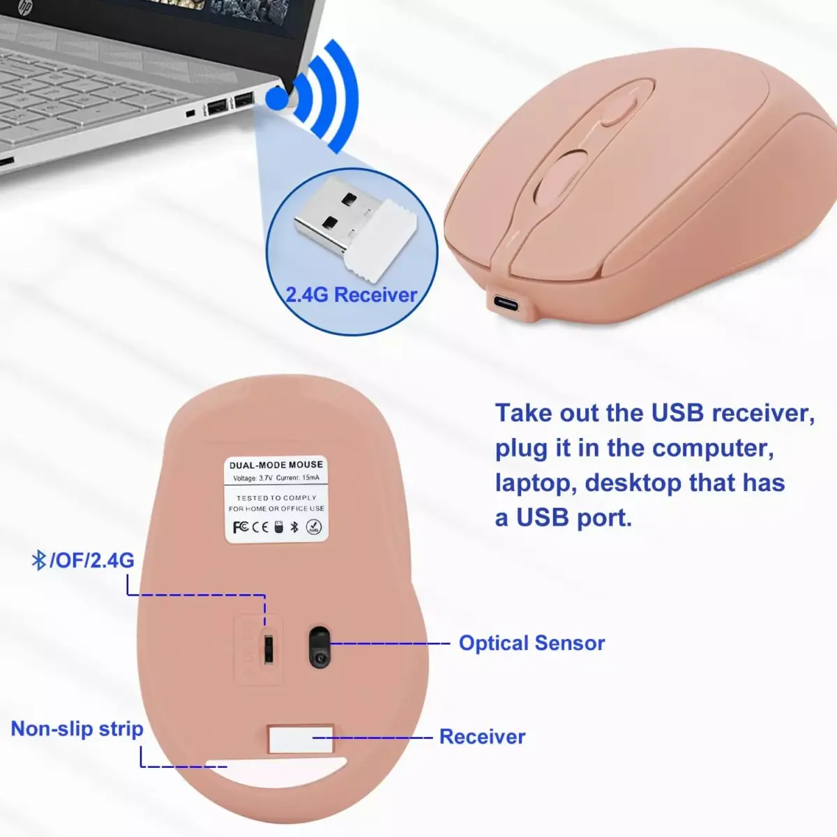 Nengshi M256 Dual Mode Wireless, Bluetooth Silent Click Mouse - Optical Sensor 1600 DPI Rechargeable USB C (Pink)