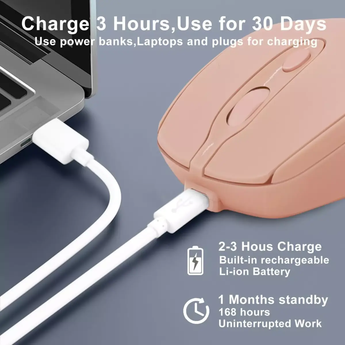 Nengshi M256 Dual Mode Wireless, Bluetooth Silent Click Mouse - Optical Sensor 1600 DPI Rechargeable USB C (Pink)