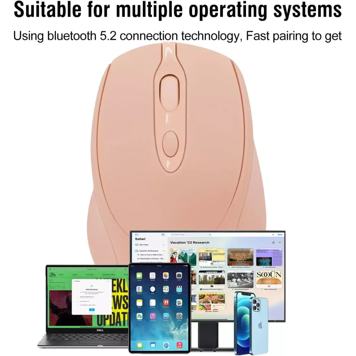 Nengshi M256 Dual Mode Wireless, Bluetooth Silent Click Mouse - Optical Sensor 1600 DPI Rechargeable USB C (Pink)