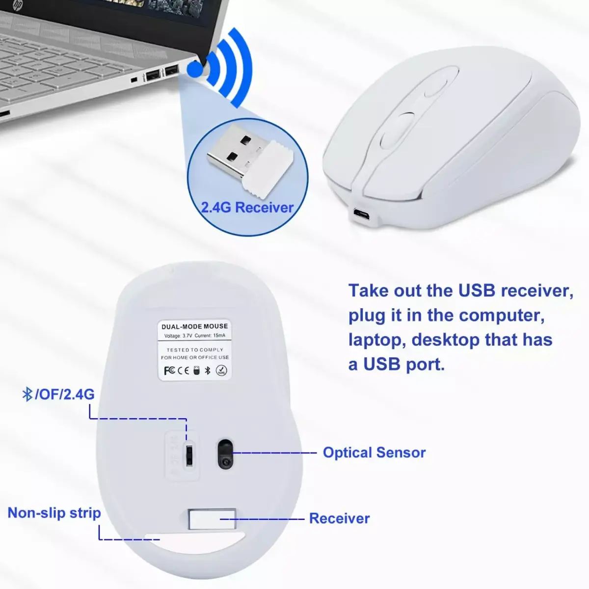 Nengshi M256 Dual Mode Wireless, Bluetooth  Silent Click Mouse - Optical Sensor 1600 DPI Rechargeable USB C (White)