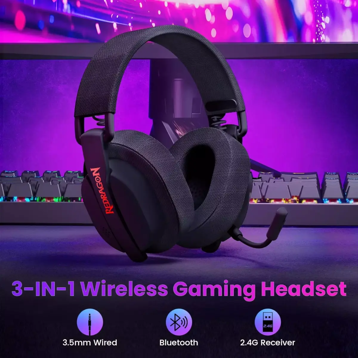 Redragon H888 LUCE Wireless Bluetooth Wired 3.5mm Gaming Headset - 7.1 Surround Sound (Black)