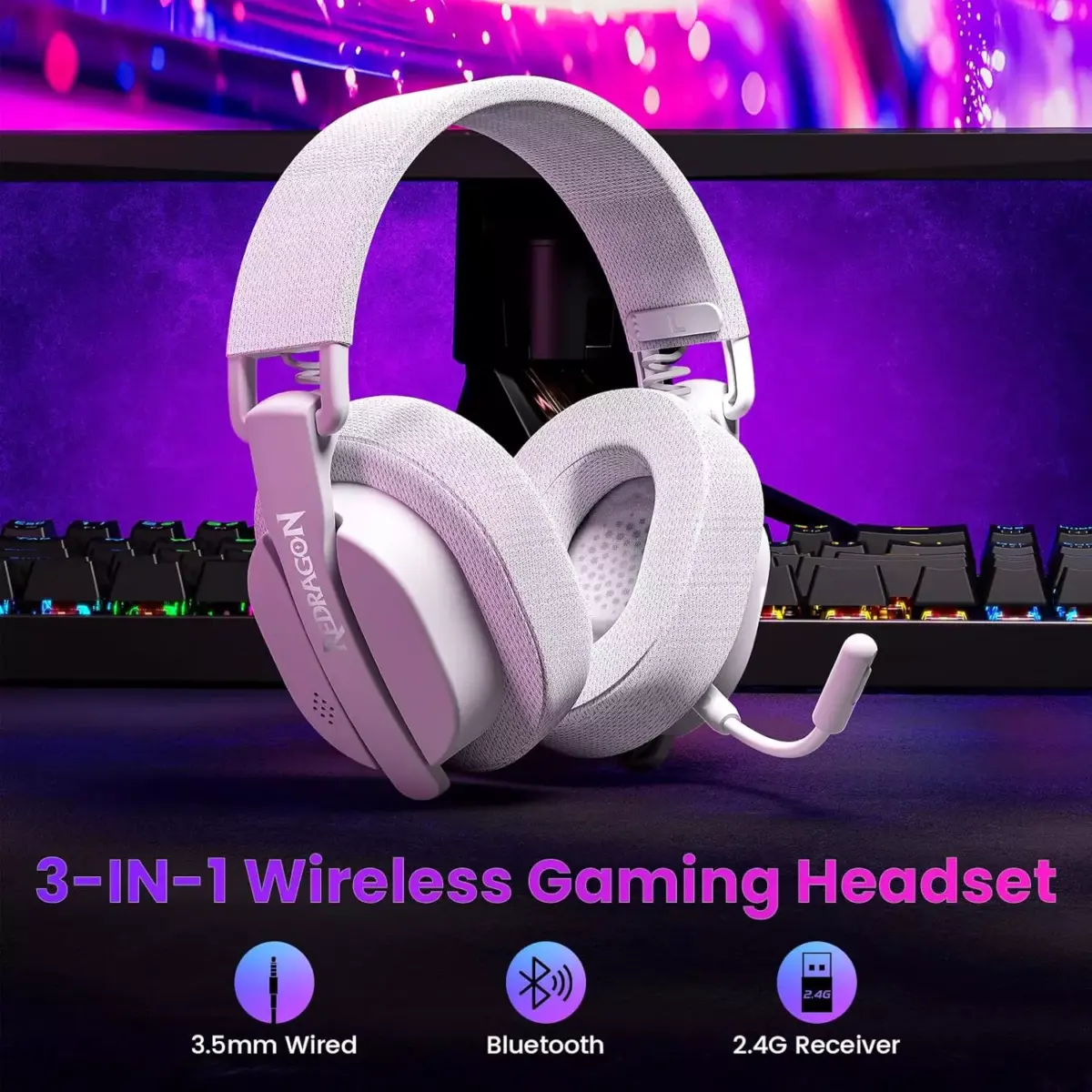 Redragon H888 LUCE Wireless Bluetooth Wired 3.5mm Gaming Headset - 7.1 Surround Sound (White)