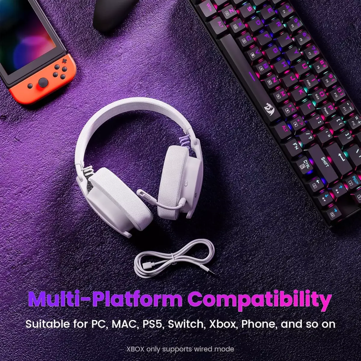 Redragon H888 LUCE Wireless Bluetooth Wired 3.5mm Gaming Headset - 7.1 Surround Sound (White)