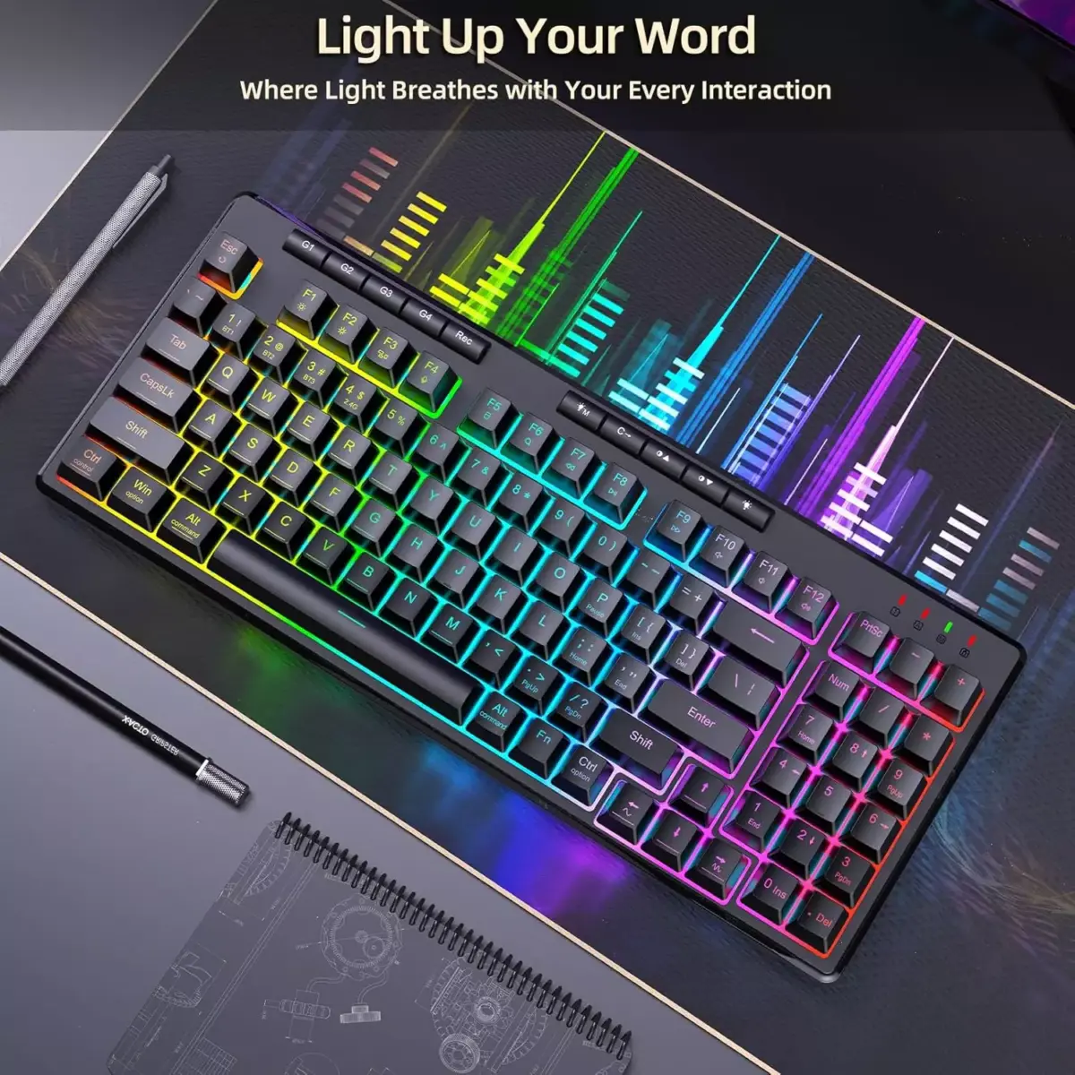 Redragon K517 VARO Pro Tri-Mode Wireless, Bluetooth, Wired Gaming Keyboard, RGB Backlit, Mechanical Feel with 4 Macro Keys, Number Pad, 4000mAh Battery