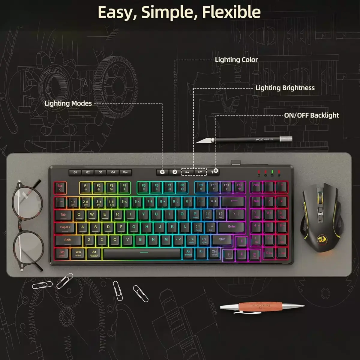 Redragon K517 VARO Pro Tri-Mode Wireless, Bluetooth, Wired Gaming Keyboard, RGB Backlit, Mechanical Feel with 4 Macro Keys, Number Pad, 4000mAh Battery