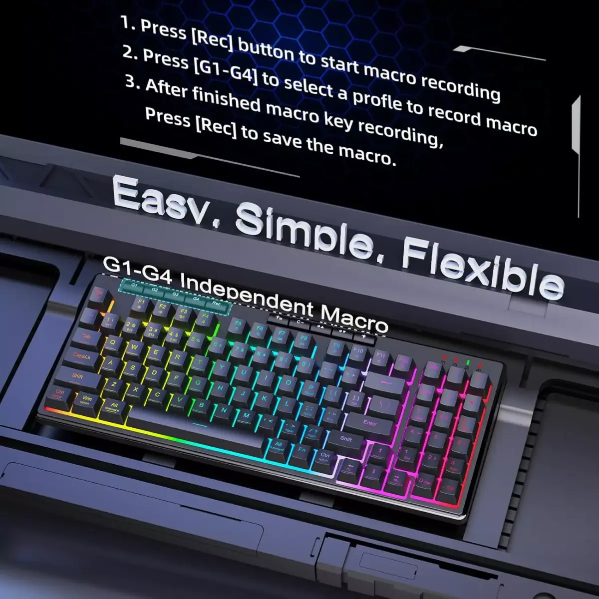 Redragon K517 VARO Pro Tri-Mode Wireless, Bluetooth, Wired Gaming Keyboard, RGB Backlit, Mechanical Feel with 4 Macro Keys, Number Pad, 4000mAh Battery