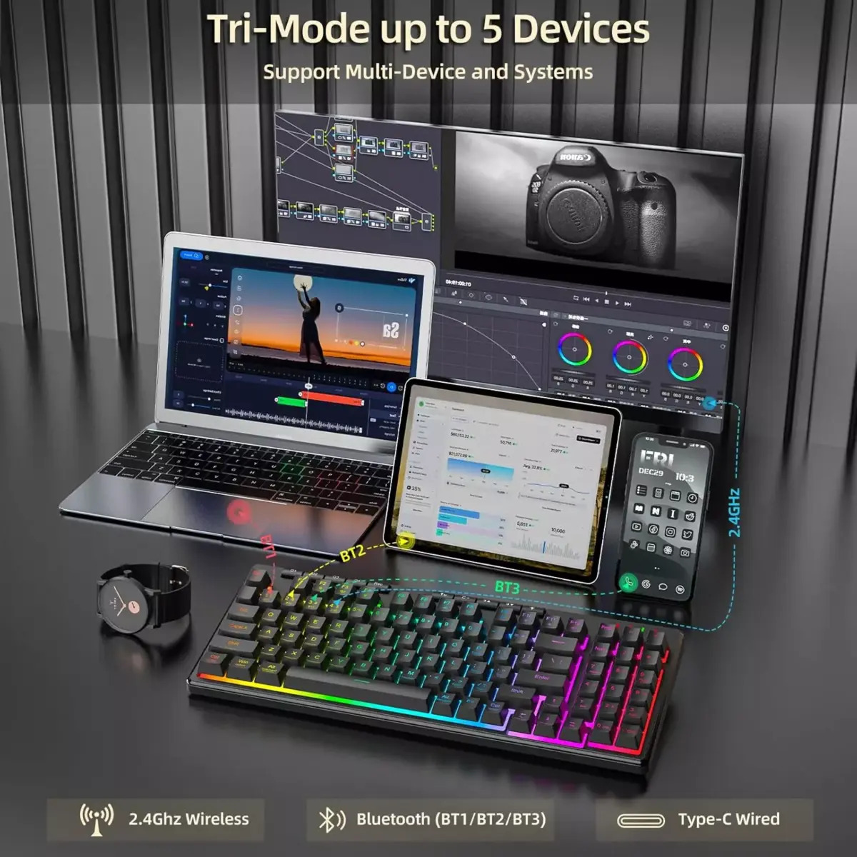 Redragon K517 VARO Pro Tri-Mode Wireless, Bluetooth, Wired Gaming Keyboard, RGB Backlit, Mechanical Feel with 4 Macro Keys, Number Pad, 4000mAh Battery