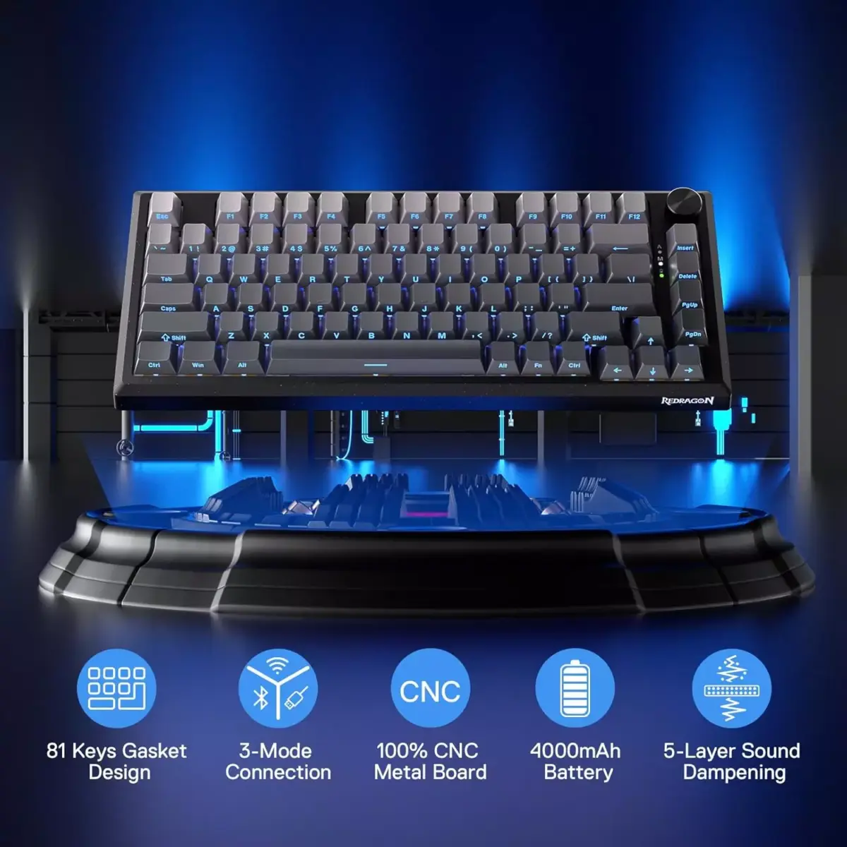 Redragon K687 PENUMBRA PRO CNC Aluminum  3-Modes Wireless, Bluetooth, Wired RGB Gaming Mechanical Keyboard, Dedicated Knob Control Custom Linear Switch
