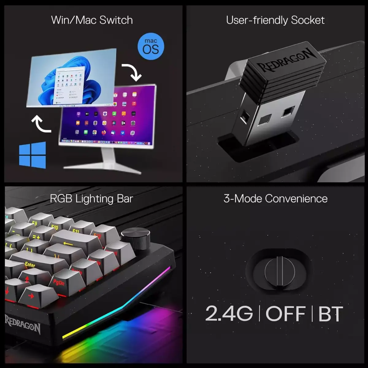 Redragon K687 PENUMBRA PRO CNC Aluminum  3-Modes Wireless, Bluetooth, Wired RGB Gaming Mechanical Keyboard, Dedicated Knob Control Custom Linear Switch