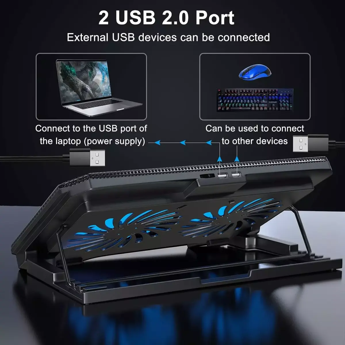 XTRIKE ME FN818 Laptop Cooling Pad Stand - 2 x Blue Led Fans – 2 USB Ports - Support UP 17 Inch