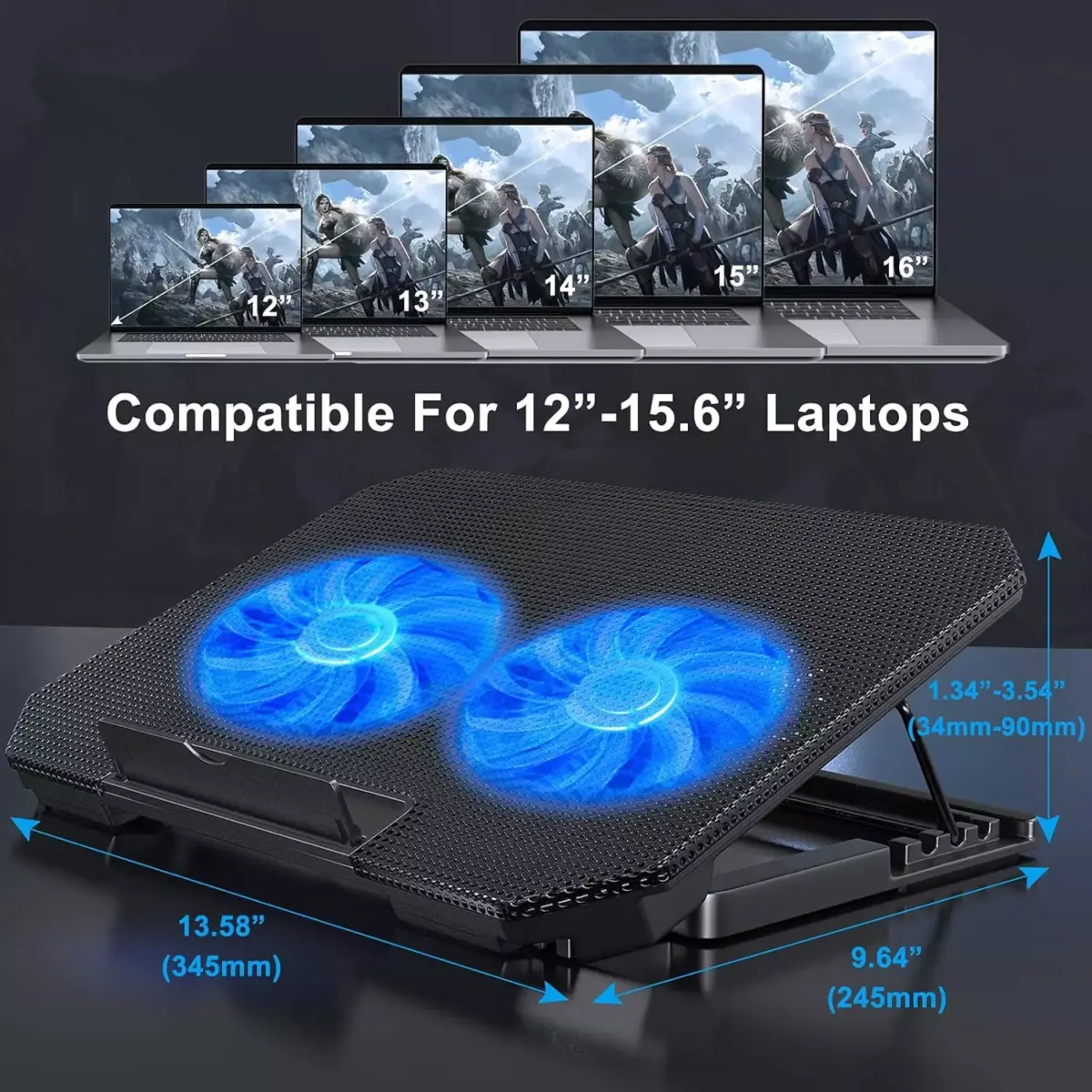 XTRIKE ME FN818 Laptop Cooling Pad Stand - 2 x Blue Led Fans – 2 USB Ports - Support UP 17 Inch