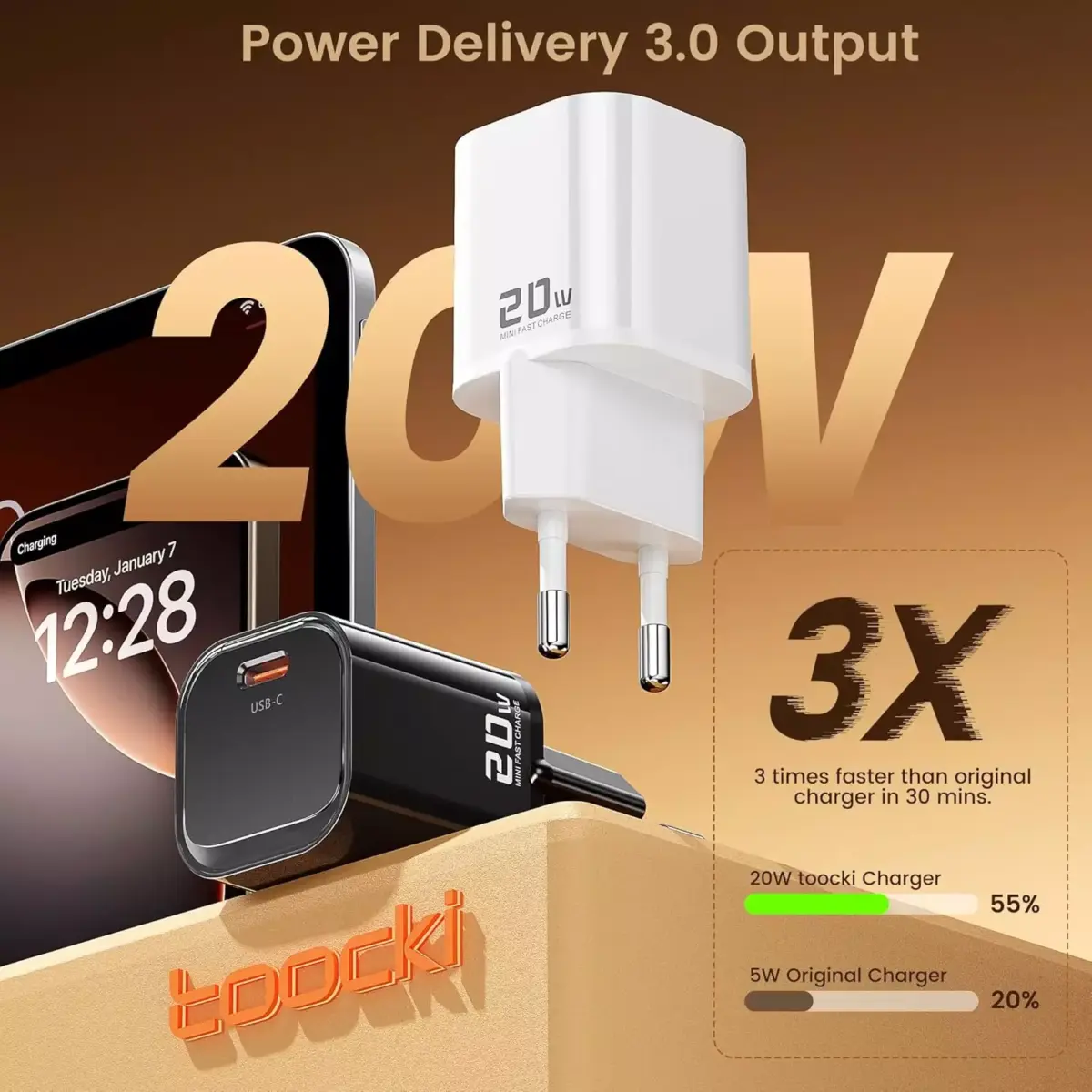 toocki 20W USB-C Fast Charger with GaN, Compact & Universal for iPhone 12-16/Samsung S22-S23/iPad/Xiaomi/Huawei - USB C Plug & Smart Safety (Black)