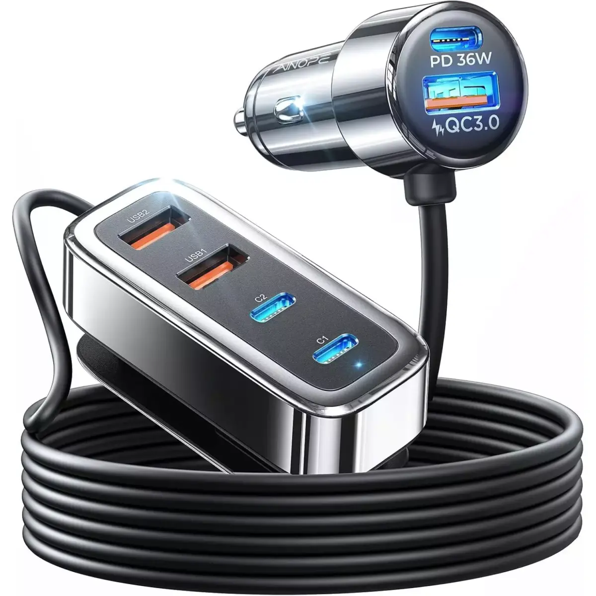 AINOPE [6 Ports] USB C Car Charger, 90W Car USB Charger Multi Port [PD 36W&QC 3.0] Super Fast Car Charger Adapter, Car Cigarette Lighter Adapter with 5FT Cable for iPhone 16 15 14 Samsung S24 iPad Pro (1)