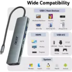 Acer USB C Hub, 7 in 1 Multi-Port Adapter for Laptop, 4K, HDMI Splitter with 2 USB A 3.1 & Type-C to HDMI Data Port, PD 100W Charging, SD Card Reader for Computer, Desktop, Space Grey