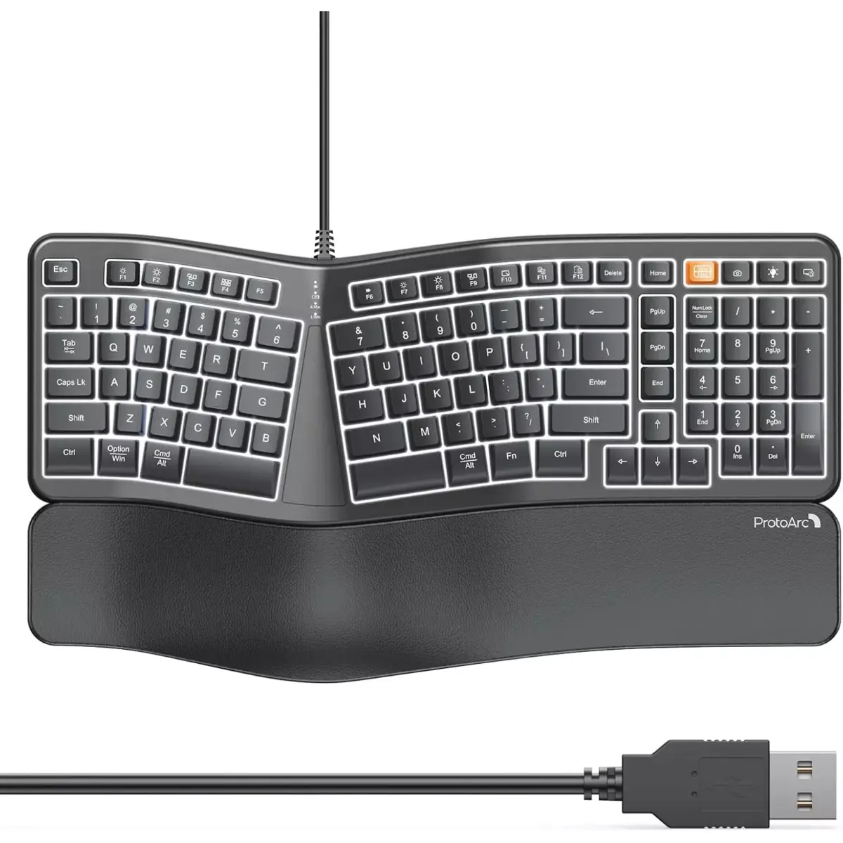 ProtoArc Backlit Wired Ergonomic Keyboard, USB Wired Ergonomic Split Keyboard with Wrist Rest, 104 Keys, Compatible with Desktop, Laptop, Windows, Mac