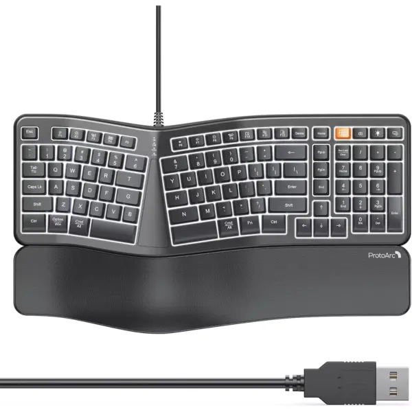 ProtoArc Backlit Wired Ergonomic Keyboard, USB Wired Ergonomic Split Keyboard with Wrist Rest, 104 Keys, Compatible with Desktop, Laptop, Windows, Mac