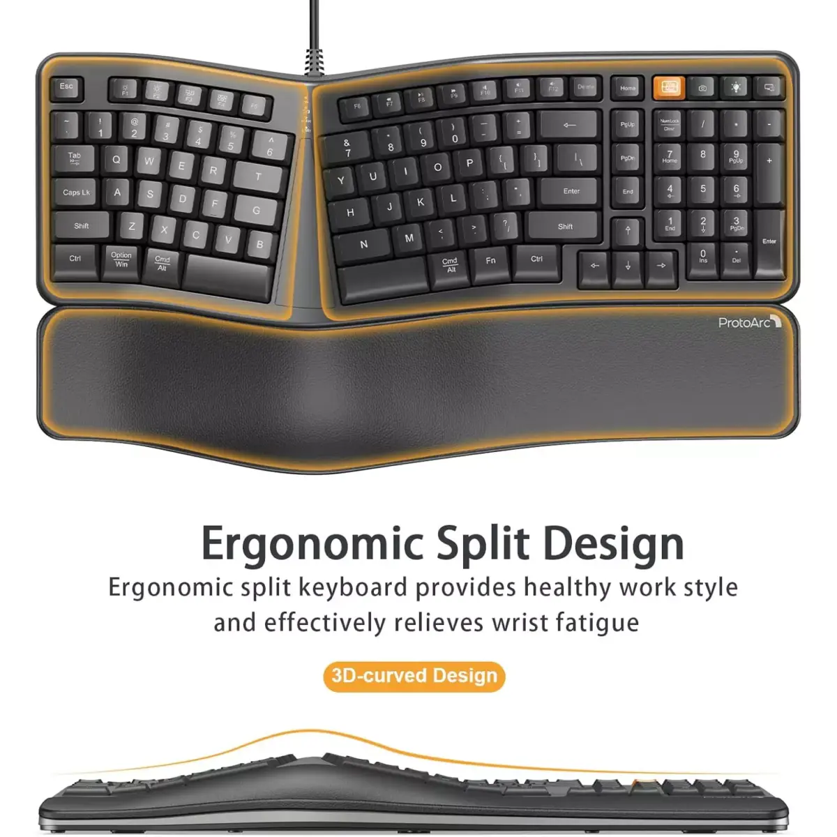 ProtoArc Backlit Wired Ergonomic Keyboard, USB Wired Ergonomic Split Keyboard with Wrist Rest, 104 Keys, Compatible with Desktop, Laptop, Windows, Mac