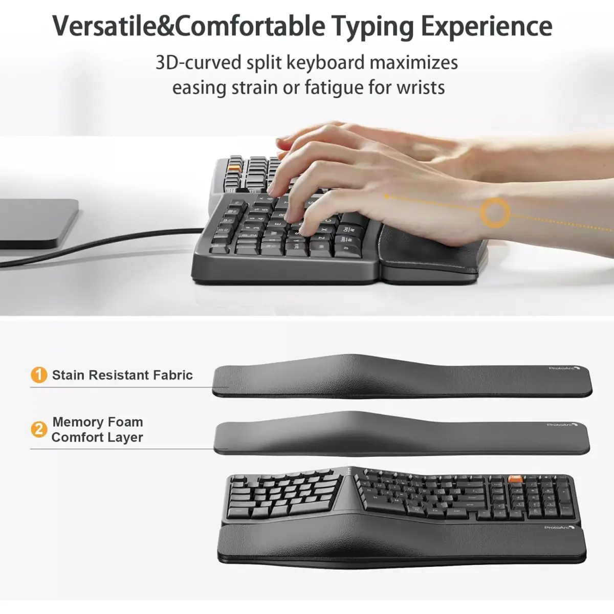 ProtoArc Backlit Wired Ergonomic Keyboard, USB Wired Ergonomic Split Keyboard with Wrist Rest, 104 Keys, Compatible with Desktop, Laptop, Windows, Mac