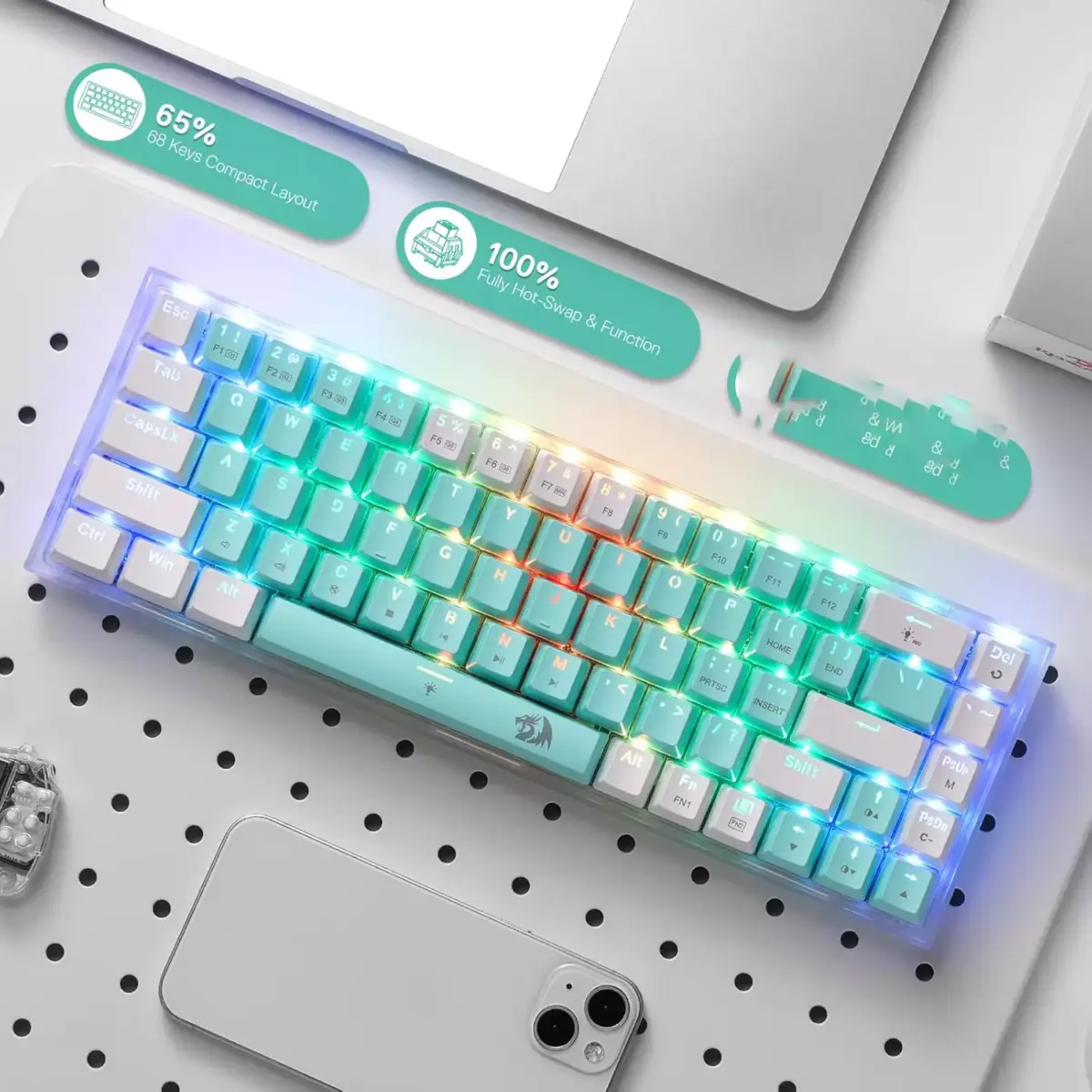 Redragon K631 CASTOR Wired RGB Gaming Mechanical Keyboard, Hot-Swappable Red Quiet Linear Switch W/Hot-Swap Free-Mod Pcb Socket & Translucent Board (Mint White)