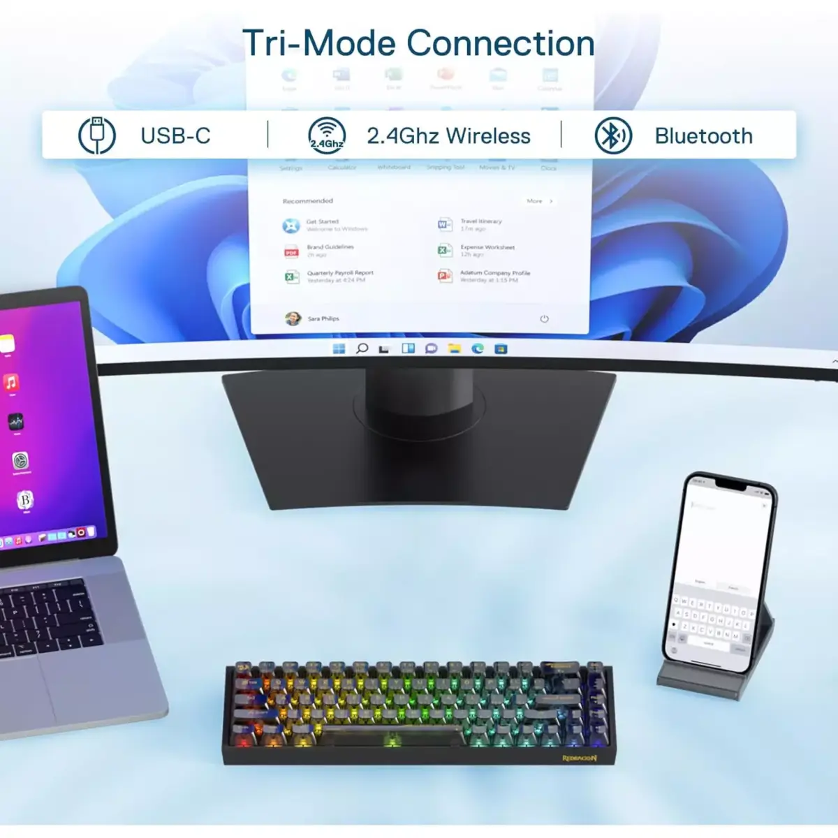 Redragon K631 Pro CASTOR 3-Mode Wireless, Bluetooth, Wired RGB Gaming Mechanical Keyboard, Hot-Swappable Red Quiet Linear Switch WHot-Swap Free-Mod Pcb Socket & Translucent Board (Black Transparent)