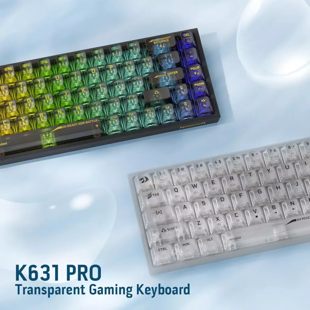 Redragon K631 Pro CASTOR 3-Mode Wireless, Bluetooth, Wired RGB Gaming Mechanical Keyboard, Hot-Swappable Red Quiet Linear Switch WHot-Swap Free-Mod Pcb Socket & Translucent Board (Black Transparent)