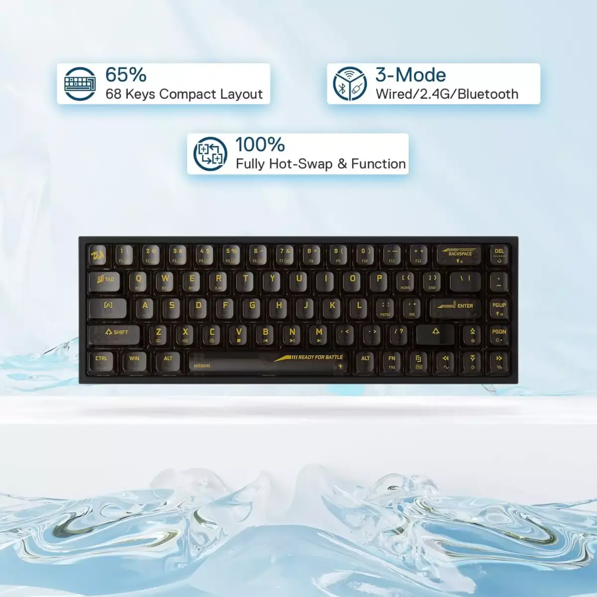 Redragon K631 Pro CASTOR 3-Mode Wireless, Bluetooth, Wired RGB Gaming Mechanical Keyboard, Hot-Swappable Red Quiet Linear Switch WHot-Swap Free-Mod Pcb Socket & Translucent Board (Black Transparent)