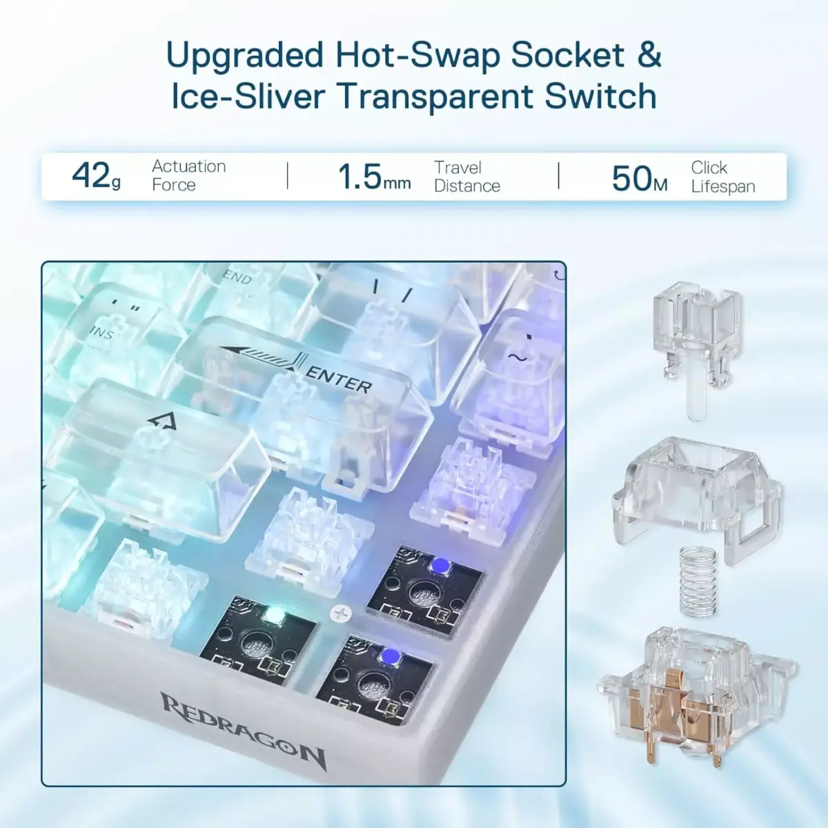 Redragon K631 Pro CASTOR 3-Mode Wireless, Bluetooth, Wired RGB Gaming Mechanical Keyboard, Hot-Swappable Red Quiet Linear Switch WHot-Swap Free-Mod Pcb Socket & Translucent Board (White Transparent) (Copy)