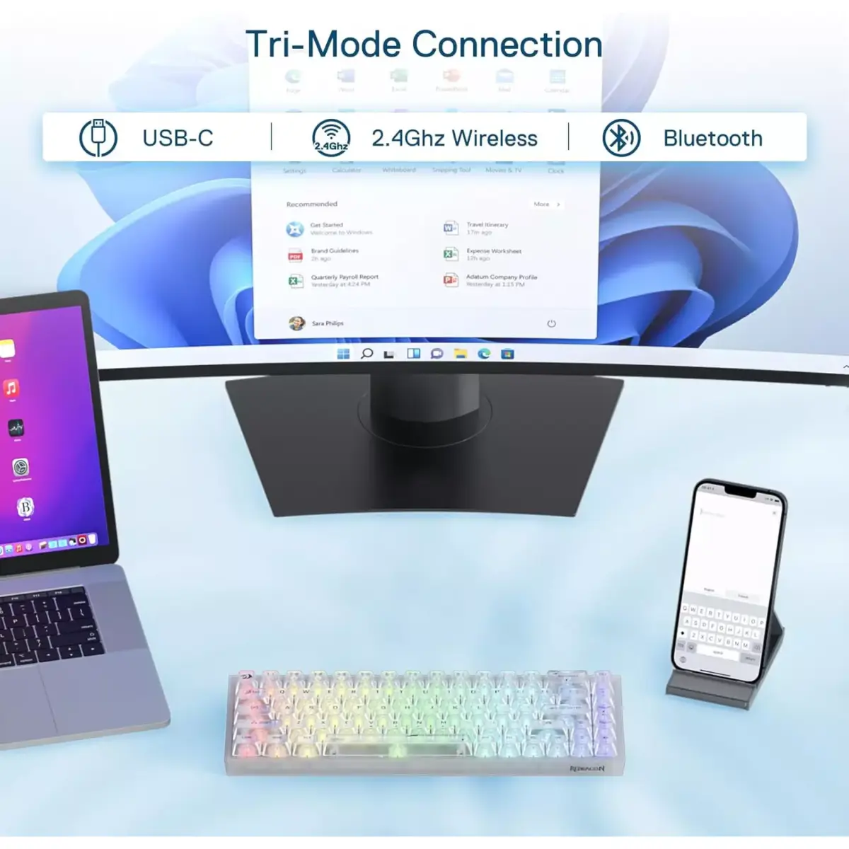 Redragon K631 Pro CASTOR 3-Mode Wireless, Bluetooth, Wired RGB Gaming Mechanical Keyboard, Hot-Swappable Red Quiet Linear Switch WHot-Swap Free-Mod Pcb Socket & Translucent Board (White Transparent) (Copy)