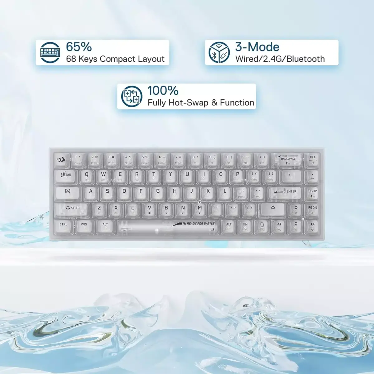 Redragon K631 Pro CASTOR 3-Mode Wireless, Bluetooth, Wired RGB Gaming Mechanical Keyboard, Hot-Swappable Red Quiet Linear Switch WHot-Swap Free-Mod Pcb Socket & Translucent Board (White Transparent) (Copy)