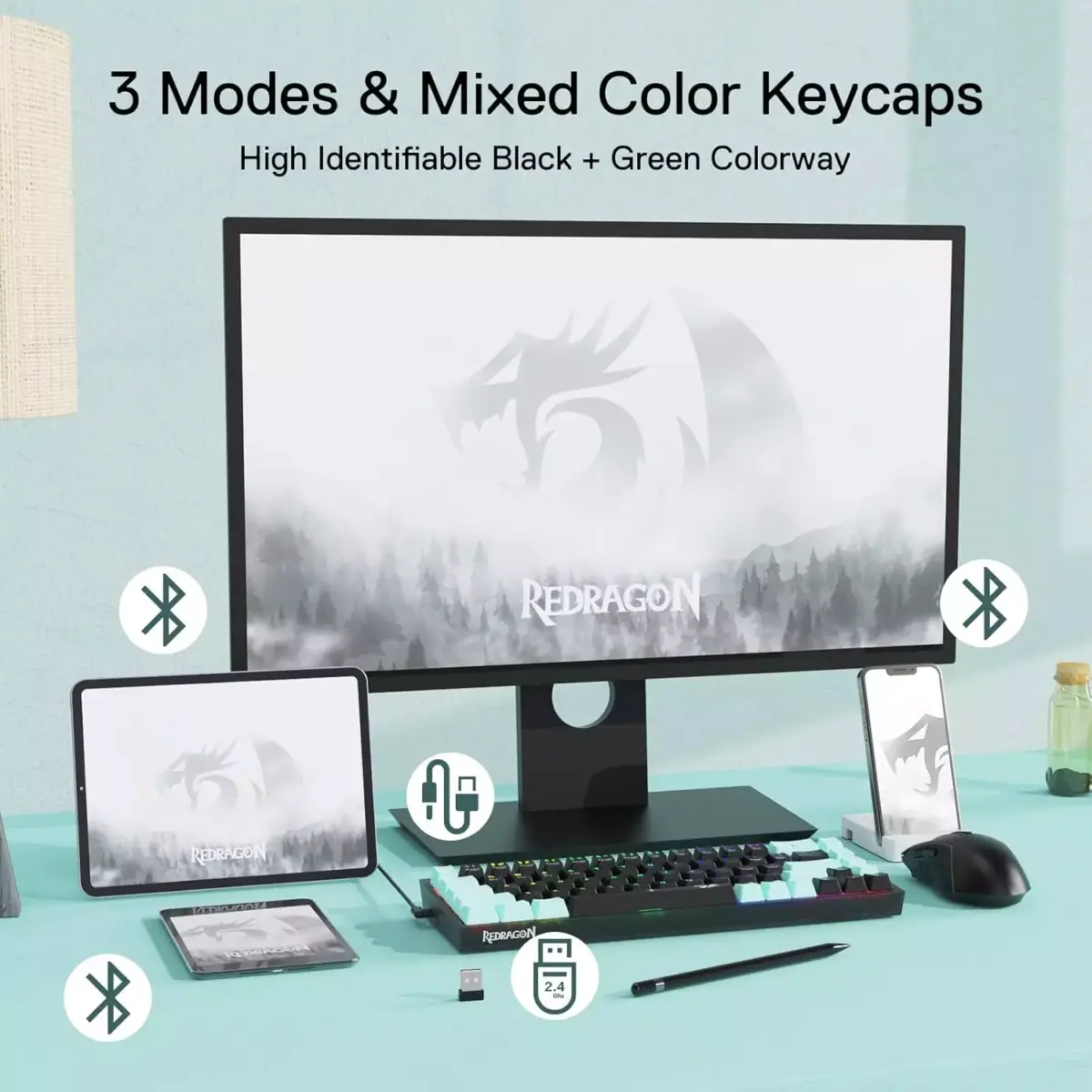 Redragon K631 Pro Se CASTOR 3-Mode Wireless, Bluetooth, Wired RGB Gaming Mechanical Keyboard, Hot-Swappable Bullet SL Quiet Linear Switch WHot-Swap Free-Mod Pcb Socket & Translucent Board (Black Green)