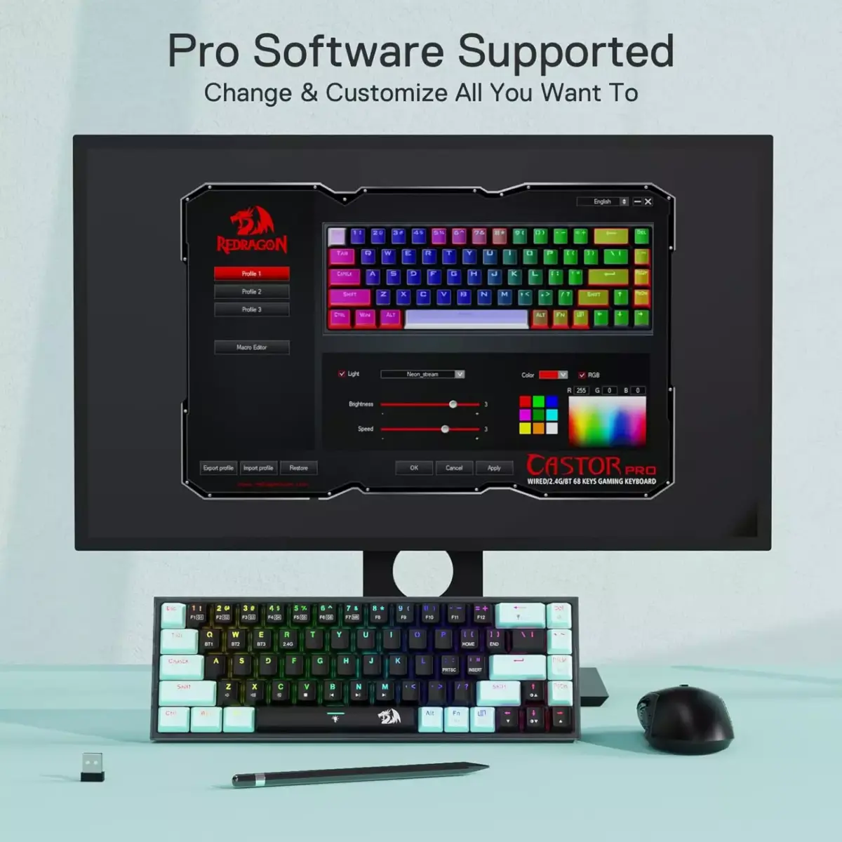 Redragon K631 Pro Se CASTOR 3-Mode Wireless, Bluetooth, Wired RGB Gaming Mechanical Keyboard, Hot-Swappable Bullet SL Quiet Linear Switch WHot-Swap Free-Mod Pcb Socket & Translucent Board (Black Green)