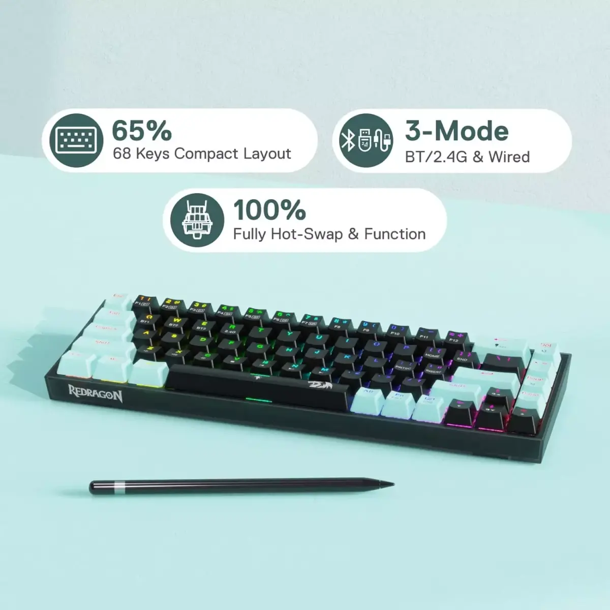 Redragon K631 Pro Se CASTOR 3-Mode Wireless, Bluetooth, Wired RGB Gaming Mechanical Keyboard, Hot-Swappable Bullet SL Quiet Linear Switch WHot-Swap Free-Mod Pcb Socket & Translucent Board (Black Green)